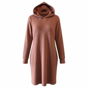 Toad&Co Warm Brown Hooded Waffle Knit Dress Large 2 Pockets